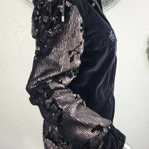 NWT~$2590~MR & MRS ITALY~S/M~BLACK VELVET SEQUIN HOODED PARKA COAT NO FUR